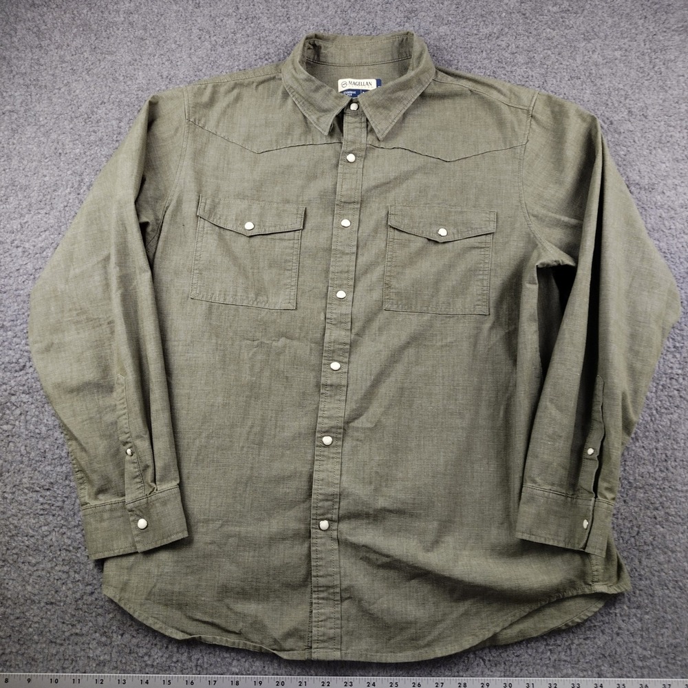 Magellan Pearl Snap Shirt Mens Large Green Classic Fit Flex Western